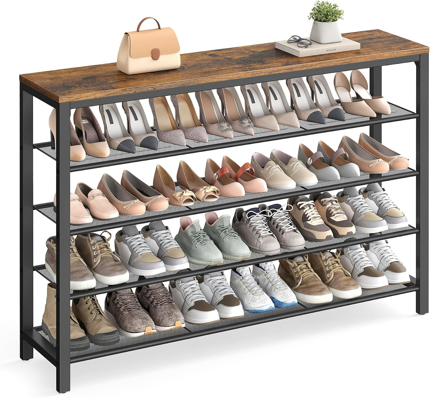 4 Tier Shoe Rack, Shoe Organizer for Closet, Entryway, 16-20 Pairs of Shoes, Large Shoe Rack Organizer with 3 Metal Mesh Shelves, 11.8 x 39.4 x 28.3 Inches, Rustic Brown and Black ULBS14BX