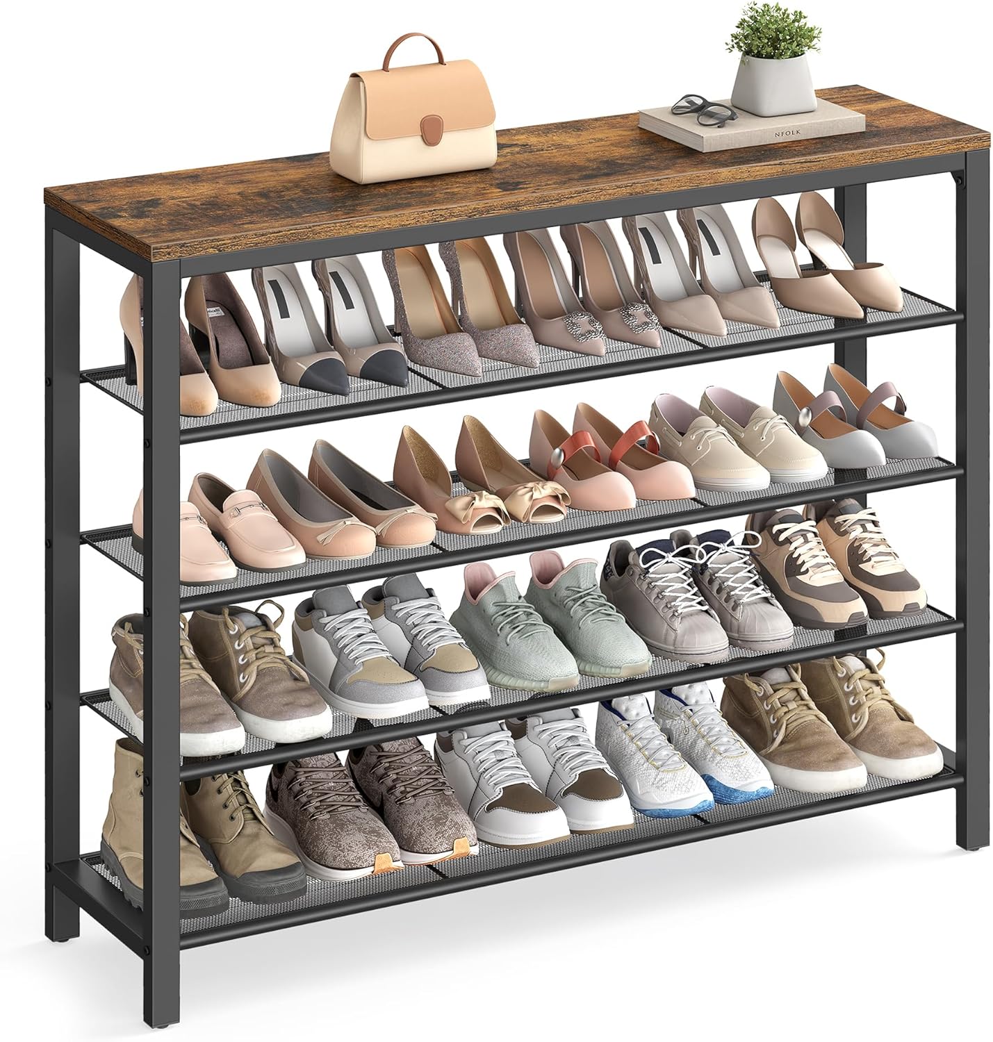 4 Tier Shoe Rack, Shoe Organizer for Closet, Entryway, 16-20 Pairs of Shoes, Large Shoe Rack Organizer with 3 Metal Mesh Shelves, 11.8 x 39.4 x 28.3 Inches, Rustic Brown and Black ULBS14BX
