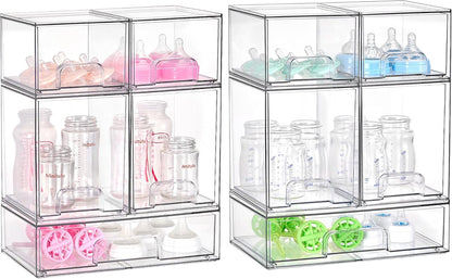 Stackable Storage Drawers Set of 5, Clear Plastic Organizer Bins for Baby Bottle, Beauty Supplies Storage, Ideal for Kichen Countertop, Vanity, Bathroom, Cabinet, Pantry Organization