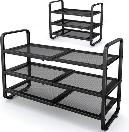 Shoe Rack - Expandable Shoe Organizer for Closet, Adjustable Metal Shoe Shelf Storage, Stackable Long Shoe Stand Holder for Garage, Entryway, Door Entrance (Black, 2-Tier)