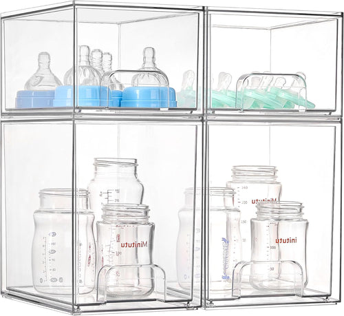 Stackable Storage Drawers Set of 5, Clear Plastic Organizer Bins for Baby Bottle, Beauty Supplies Storage, Ideal for Kichen Countertop, Vanity, Bathroom, Cabinet, Pantry Organization