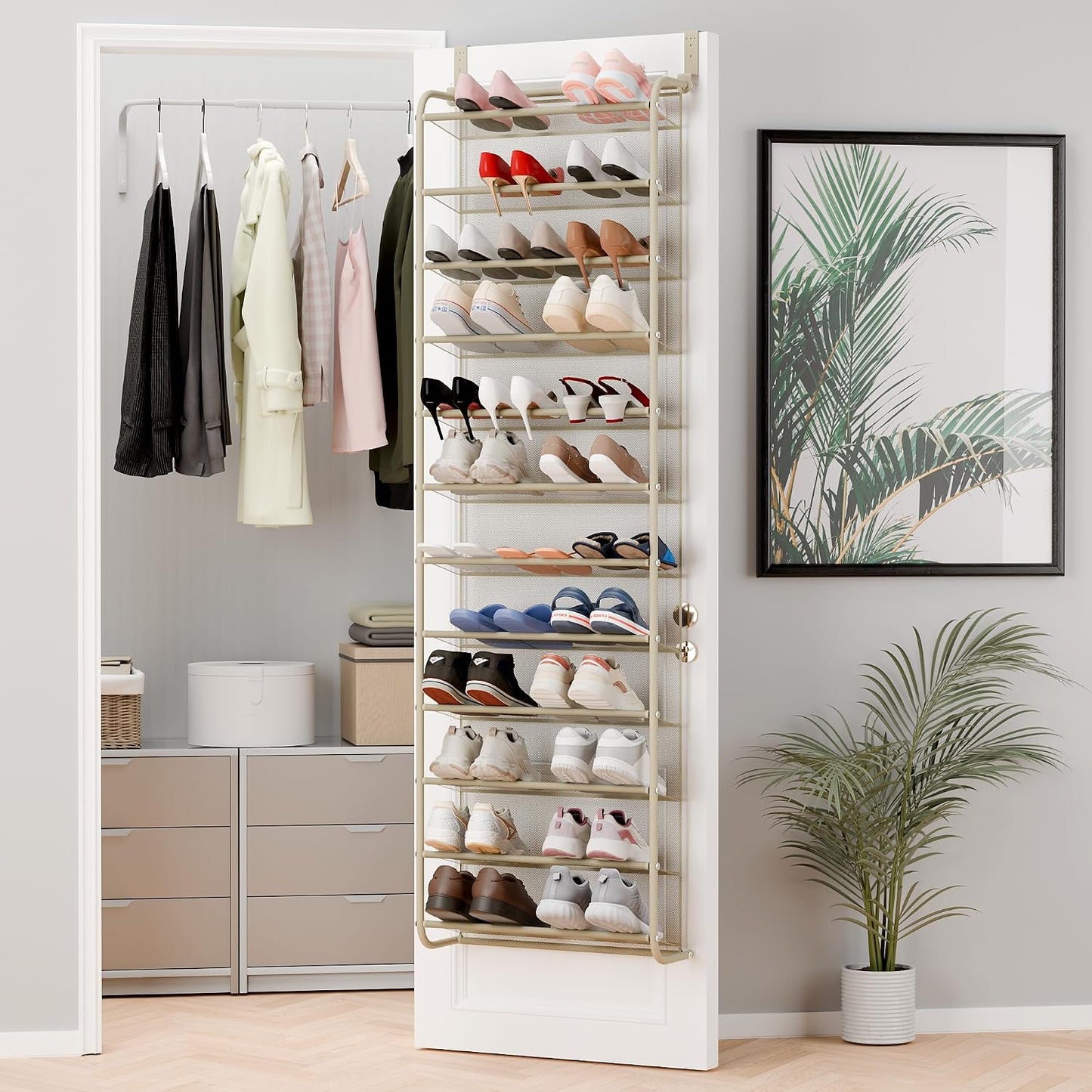 36 Pair Over The Door Shoe Organizer, 12 Tier Hanging Shoe Organizer, Heavy Duty Metal & Mesh Shoe Holder, Hanging Shoe Rack for Closet Organizer & Storage, 74"H x 21.7"W x 7.5"D, White