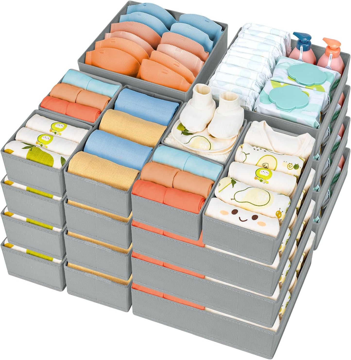 Drawer Organizer Clothes, 12 Pack Dresser Organizer, Foldable Closet Organizers and Storage, Fabric Dresser Bins, Drawer Dividers for Nursery, Baby Clothes, Underwears, Sock (Beige)