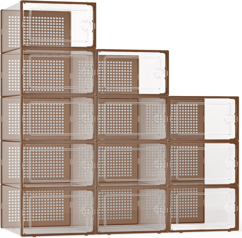 X-Large Shoe Storage Boxes Organizers Clear Plastic Stackable 12 Pack, Shoe Rack & Holder Substitute, Sneaker Containers, Toy Storage Organizer Bins for Entryway, Closet, Under Bed, Black