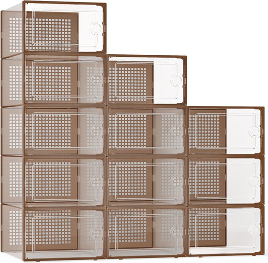 X-Large Shoe Storage Boxes Organizers Clear Plastic Stackable 12 Pack, Shoe Rack & Holder Substitute, Sneaker Containers, Toy Storage Organizer Bins for Entryway, Closet, Under Bed, Black
